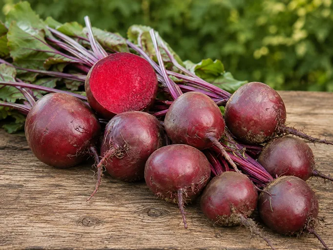 rdeča pesa Robuschka z okroglimi gomolji in temno rdečim prerezom